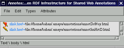 Screenshot of the Amaya Links view showing an orphan annotation and a normal one.