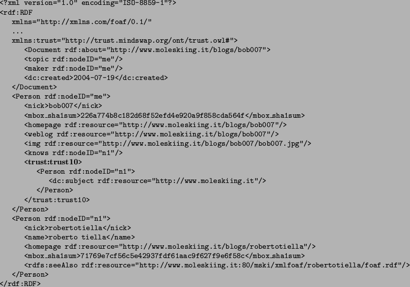 \begin{table}{\tt \begin{tabbing}
   \=   \=   \=   \=   \\
<?xml version...
...a/foaf.rdf''/> \\
\> </Person> \\
</rdf:RDF> \\
\end{tabbing}}
\end{table}