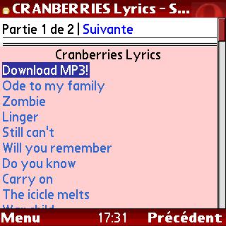 Lyrics site with a long top navigation list