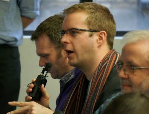 The Met Office's Jeremy Tandy making a point, flanked by Alex Coley and Stuart Williams