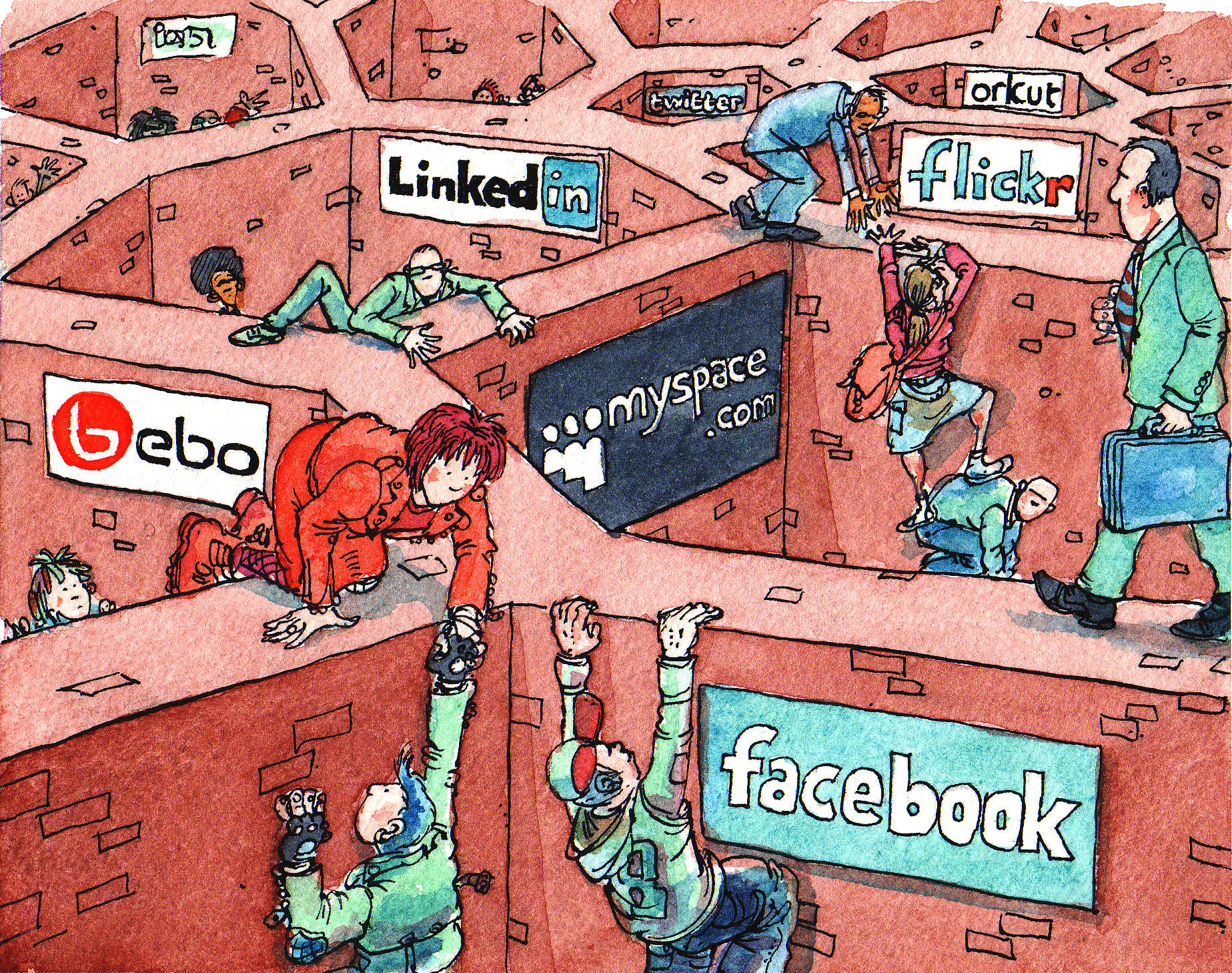 People try to help each other clim out of a facebook room into a linkedin room and so on, but they have to go over the walls.