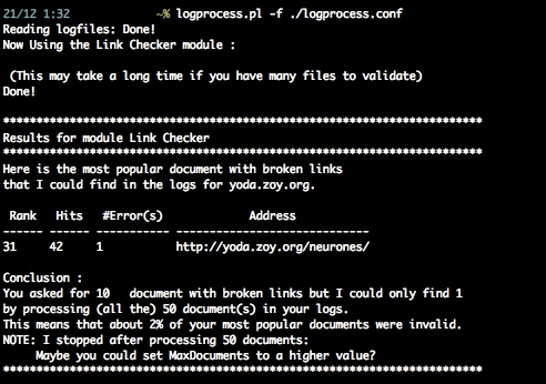 command-line output sample for the log validator
