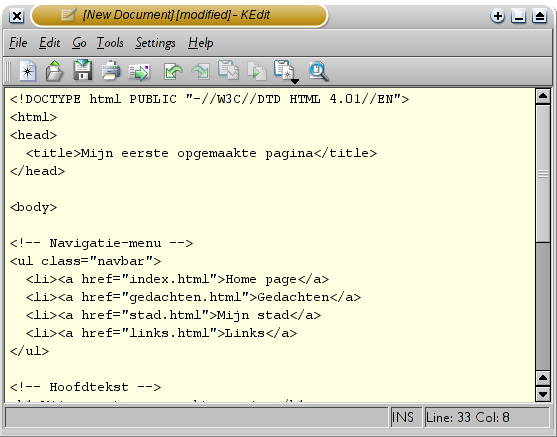 De HTML-broncode getoond in KEdit