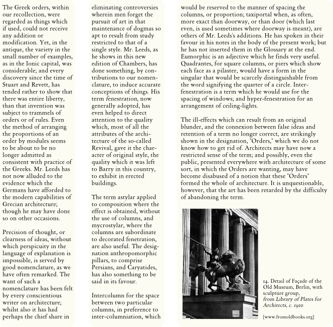 A text about the architecture of Ancient Greek stone columns is set on a page divided into three columns; the third column is wider, and incorporates a photograph of a modern-era classical revival building with fluted columns.