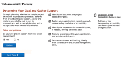 Topic information is presented on one page with some questions that could be used to tailor the content.