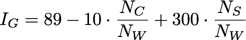 I G equals: 89 minus, 10 times N C over N W, plus 300 times N S over N W