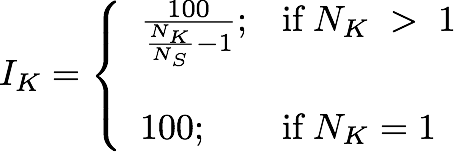 if N K is greater than 1, then I K equals the fraction having 100 as numerator, and the difference between N K over N S, and 1, as denominator. If N K equals 1, then I K equals 100