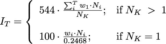 if N K is greater than 1, then i T equals 544 multiplied by a fraction; the numerator is summation for i from 1 to T of w i times N i, the denominator is N K. If N K equals 1, then I T equals 100 multiplied by a fraction, the numerator is w i times N i, the denominator is 0.2468