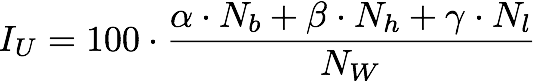 I U equals 100 multiplied by a fraction, the numerator is alpha times N b, plus beta times N h, plus gamma times N l; the denominator is N W