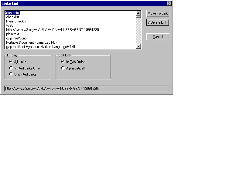 Jaws for Window Links List view